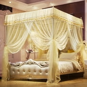 Romanda 59" W x 78.75" L Canopy Bed Curtains with Stainless Steel Bracket, Luxurious Bed Canopy for Full Queen Bed, Anti-mosquito Windproof Lace Bed Tent for Room Decor, Upgraded Version, Light Gold