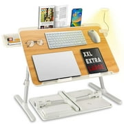 Romanda Height & Angle Adjustable Bed Desk with Light, 23.6"L X-Large Bed Desk for Laptop and Writing, Laptop Lap Desk with Storage Drawer and Bookstand, Bed Table Tray for Eating and Laptop, Wood