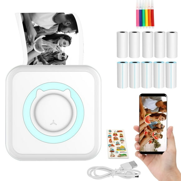 Romanda Portable Photo Printer, Pocket Wireless Bluetooth Thermal Mini Printer with 10 Rolls Printing Paper for Android iOS Smartphone BT Inkless Printing for DIY Journal, Photos, Notes, Gifts - Blue