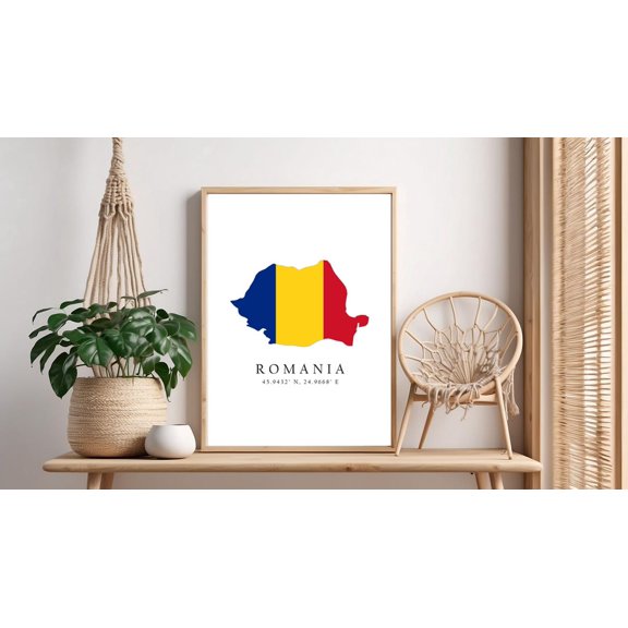 Romania Map Poster Print: Flag Colors Coordinates Home Decor