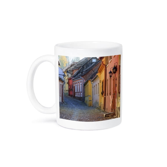 3drose, Romania, Sighisoara. Cobblestone Street, Colorful Houses. Unesco Site, 11oz Mug