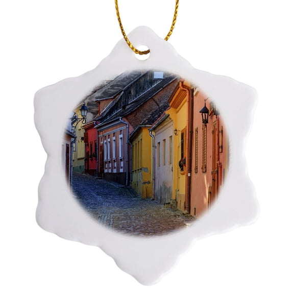 3drose, Romania, Sighisoara. Cobblestone Street, Colorful Houses. Unesco Site, 3 inch Snowflake Porcelain Ornament