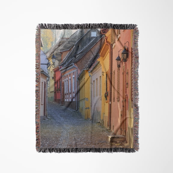 Romania, Sighisoara. Cobblestone Street, Colorful Houses. Unesco Site, Woven Blanket