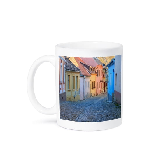3drose, Romania, Sighisoara, Cobblestone Street of Colorful Houses in Village., 11oz Mug