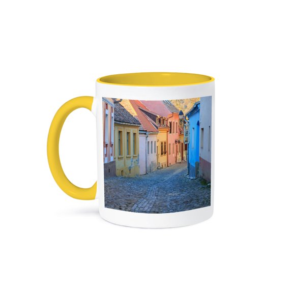 3drose, Romania, Sighisoara, Cobblestone Street of Colorful Houses in Village., 11oz Two-tone Yellow Mug
