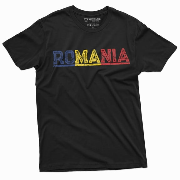 Romania T-shirt Mens Womens România Tee Shirt Flag Coat of Arms Tee (Large Black)