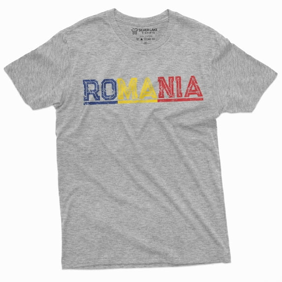 Romania T-shirt Mens Womens România Tee Shirt Flag Coat of Arms Tee (Small Grey)