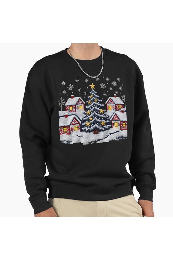 Romanian Winter Village Embroidery Folk Art Retro Holiday Graphic Unisex Sweatshirt G13070, Up to Size 5XL