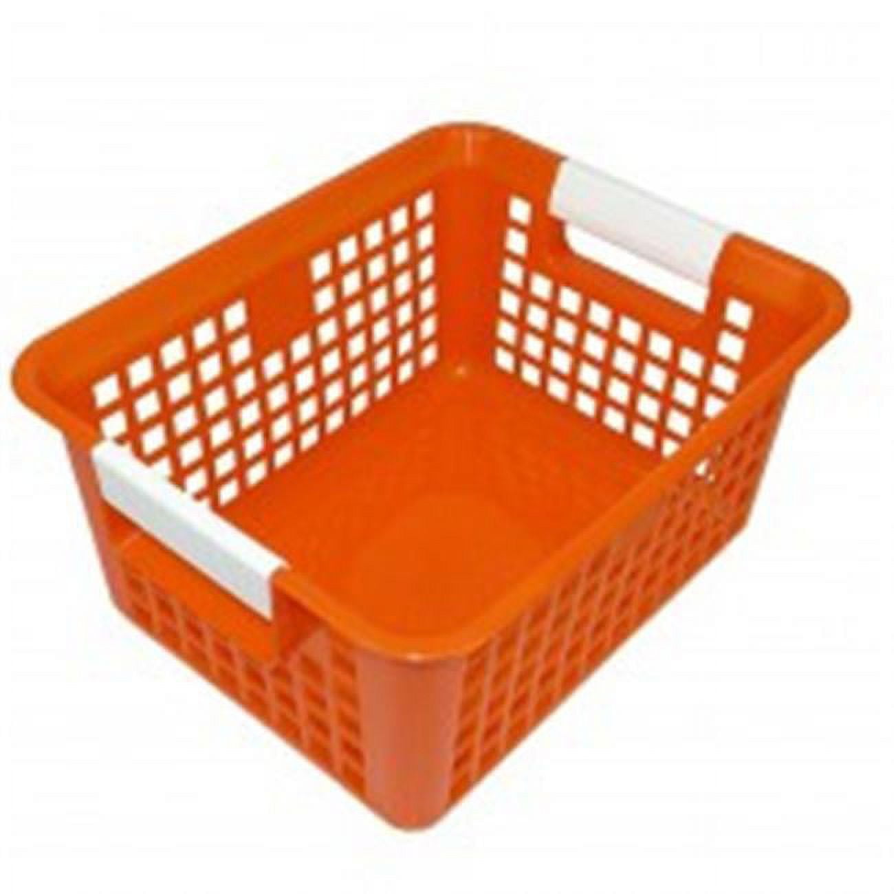 Rectangular Orange Plastic Book Basket with Carry Handles