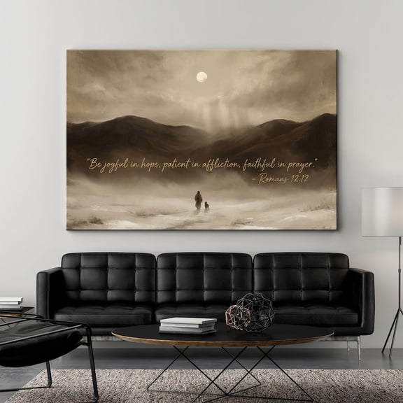 Romans 12 12 Print Bible Verse Wall Art Be Joyful In Hope Christian Home Decor Scripture Sign Religious Sepia Landscape, Stretched Canvas 16x20in