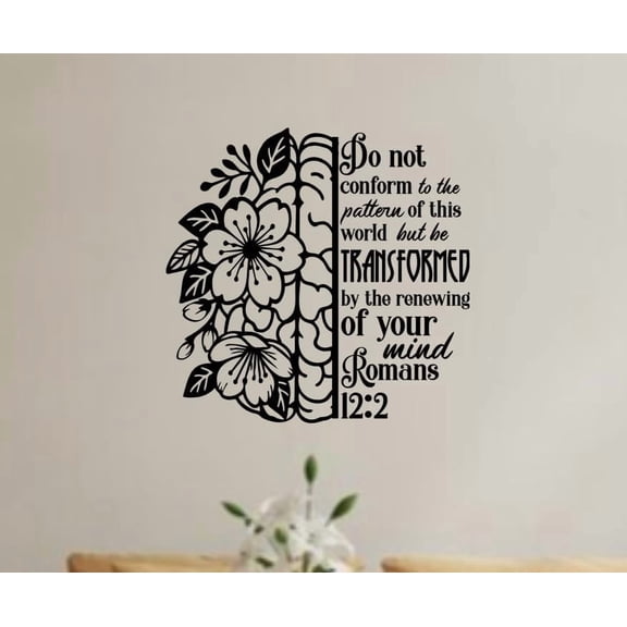 Romans 12:2 Bible Verse Wall Decal, Floral Design with Scripture Quote, 11.8in W x 11.5in H, Black