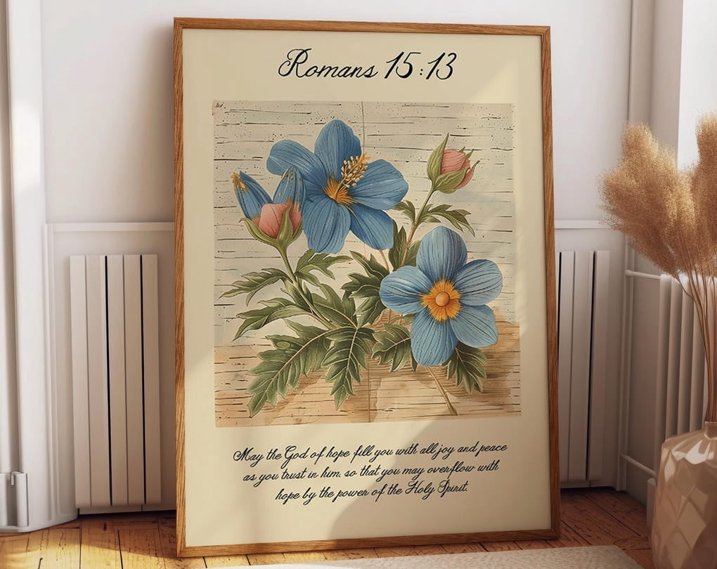 Romans 15:13 Bible Verse Wall Art – Blue Floral Christian Poster ...