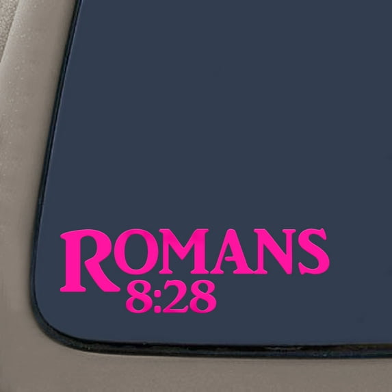 Romans 8:28 Bible Verse Decal Sticker | 7.5-Inches By 2.3-Inches | Religious Motivational Inspirational Educational | Hot Pink Vinyl