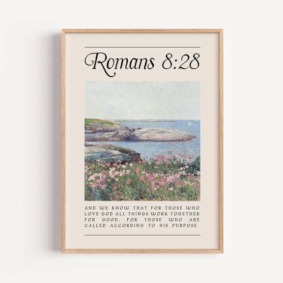 Romans 8:28 Scripture Wall Art Coastal Bible Verse Print Christian Beach Landscape Home Decor Trendy Apartment Decor
