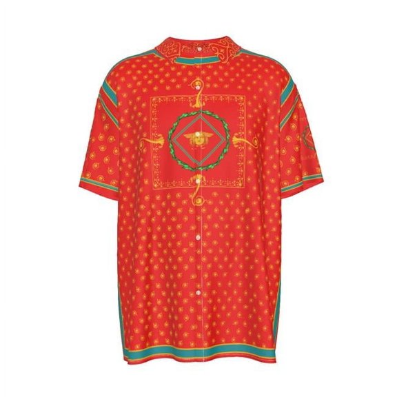 Romans Red Raven Short Sleeve Button Shirts - Medium