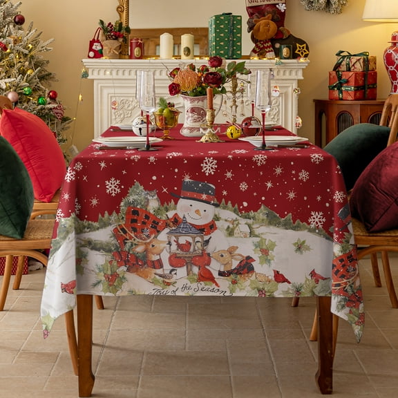 Romanstile Contemporary 60 x 84 Inch White and Red Snowman, Candy, Snow Polyester Tablecloth