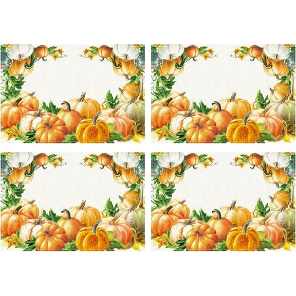 Romanstile Pumkin Fall Placemats Set of 4, 12x18 Inch Faux Linen Autumn Thanksgiving Rustic Farmhouse Style Place Mats, Heat Resistant Non-Slip Burlap Table Mats for Dining, Party, Holiday