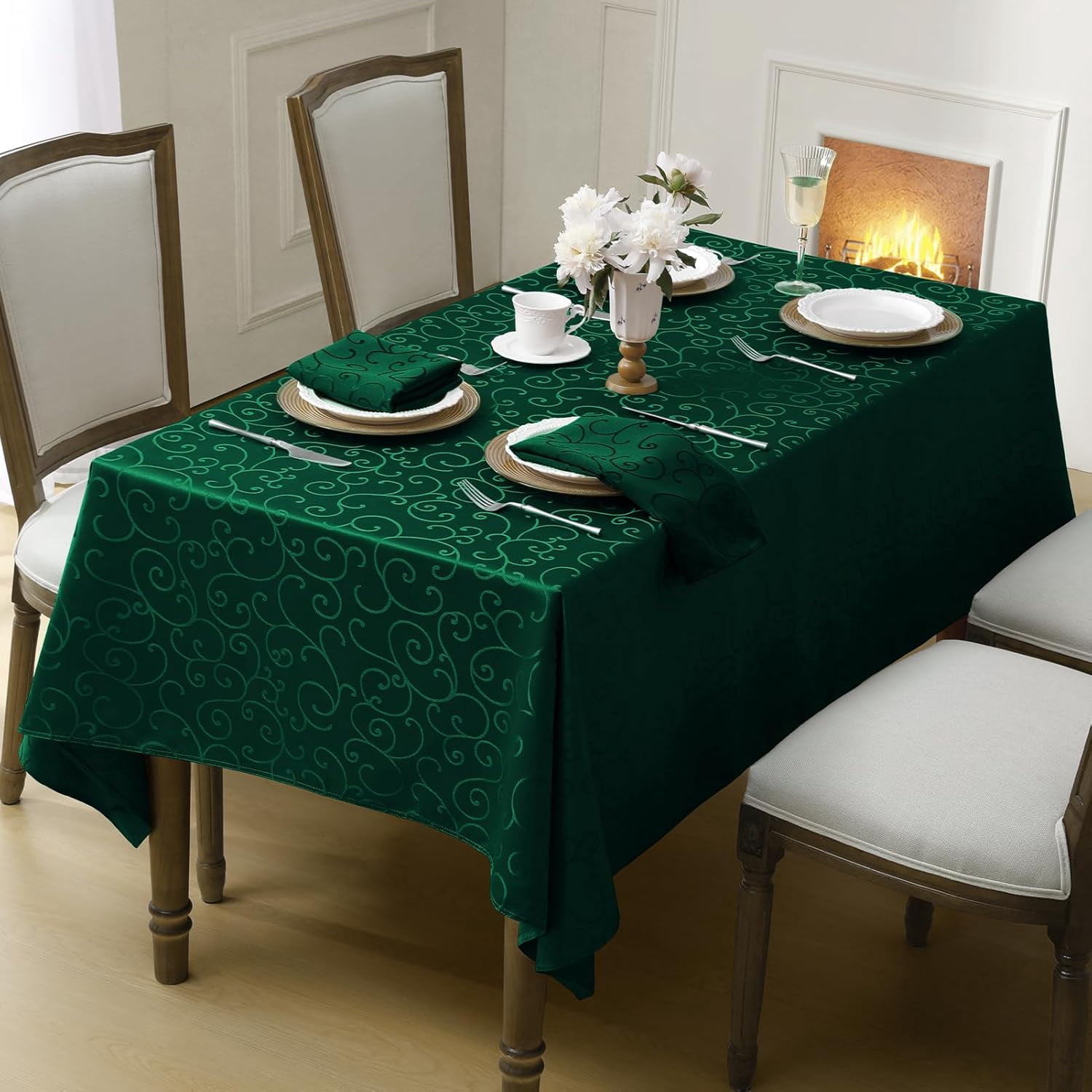 Romanstile Christmas Rectangle Tablecloth, Curly Floral Waterproof Table Cloth, Wipeable Table Cover for Dining, Kitchen, Party Decor (Green, 60 x 84 Inch)