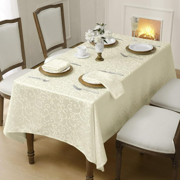 Romanstile Rectangle Tablecloth, Curly Floral Waterproof Table Cloth, Wipeable Table Cover for Dining, Kitchen, Party Decor (Ivory, 60 x 84 Inch)