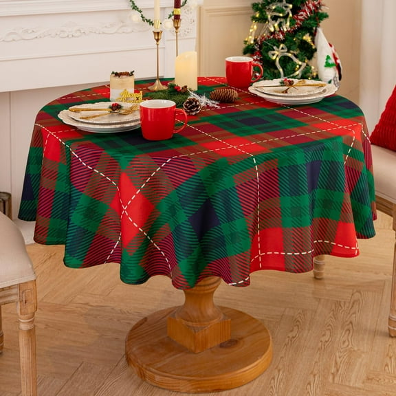 Romanstile Round Christmas Green Plaid Tablecloth - 60 Inch - Checkered Water Stain Resistant Table Cover, Washable Polyester Table Cloth for Xmas Dinner/Party Decoration/Holiday