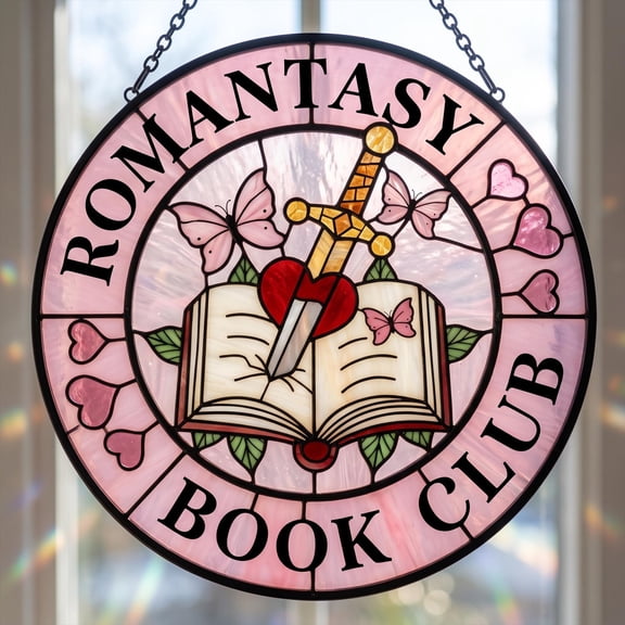 Romantasy Book Club Stained Glass Style Suncatcher for Windows, UV Printed Glass Hanging Ornament, Fantasy Reading Nook Decor, Gift for Book Lovers size 3.54in