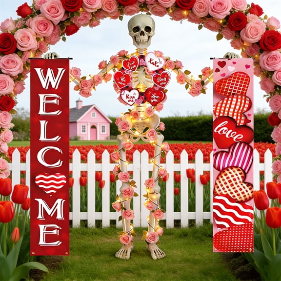Romantic 12ft Skeleton Valentines Outfit,Lighted Up Giant Skeleton Accessories Including Welcome Love Flag Banners,16.5ft Rose Lights String,Heart Hanging Sign for Garden Lawn Decor