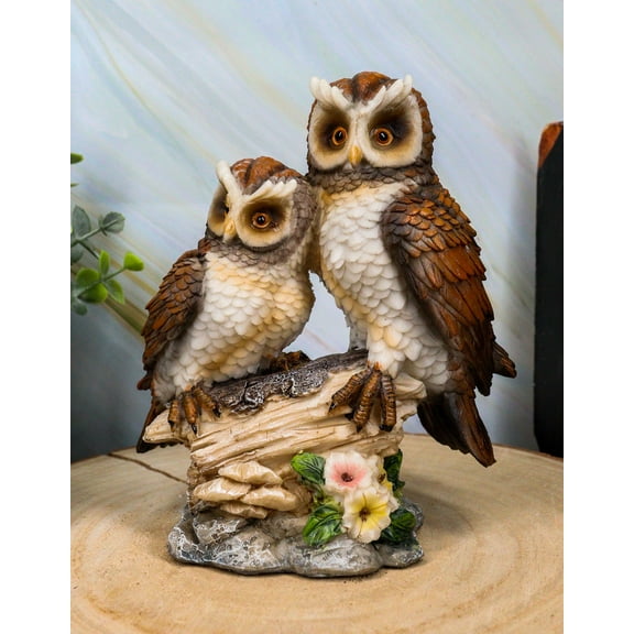 Romantic 2 Great Horned Owl Couple On Tree Stump Statue 6.25"H Valentines Owls