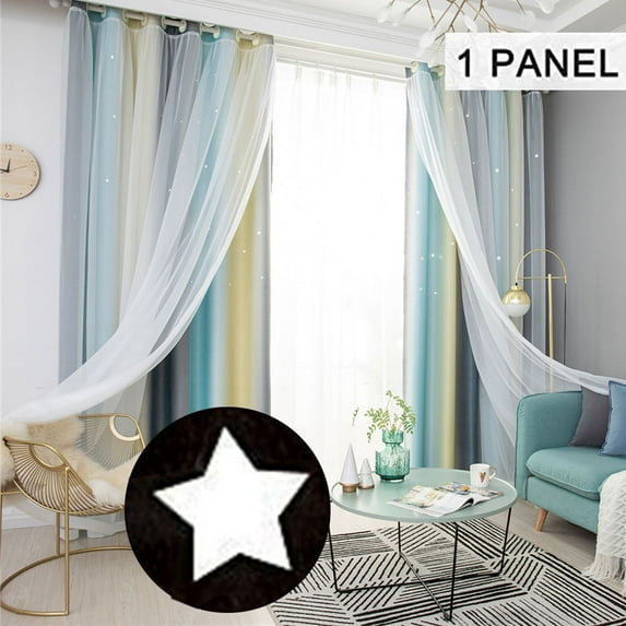 Romantic 2-layer Tulle+Blackout Gradient Curtain Floor Starry Stars Girls Kids Bedroom Decor