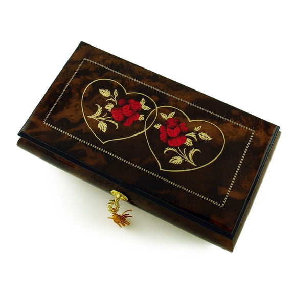 Romantic 22 Note Walnut Tone Double Red Rose and Heart Musical Jewelry Box - 18th Variation