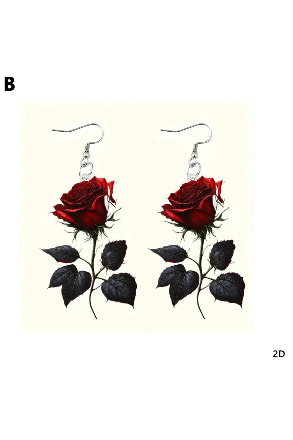 Romantic 2D Flat Rose Forest Flower Earrings Retro Art Style Earrings Y8Y9 V3L0