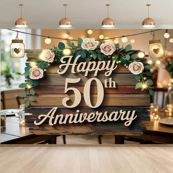 Romantic 50th Anniversary Backdrop Rustic Floral Photography Background with Greenery White Roses Decorations for Golden Wedding Celebration Party Anniversary Banner Supplies Photo Props