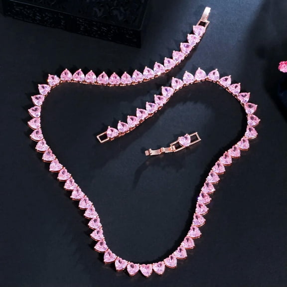 Romantic 585 Rose Gold Pink CZ Love Heart Tennis Choker Necklace for Women Party