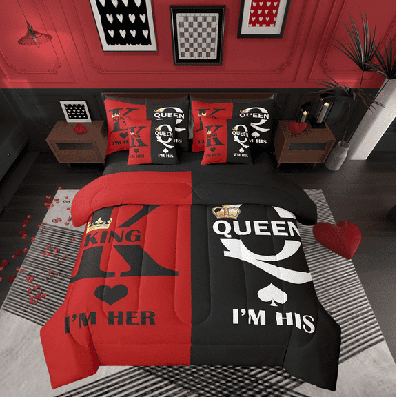 Romantic Her His 7 Piece Comforter Set King,King And Queen Crown Bedding Set Valentine'S Day Couple Bed In A Bag Gifts For Men Women,Mr Mrs Sheet Set With Comforter Red Black White