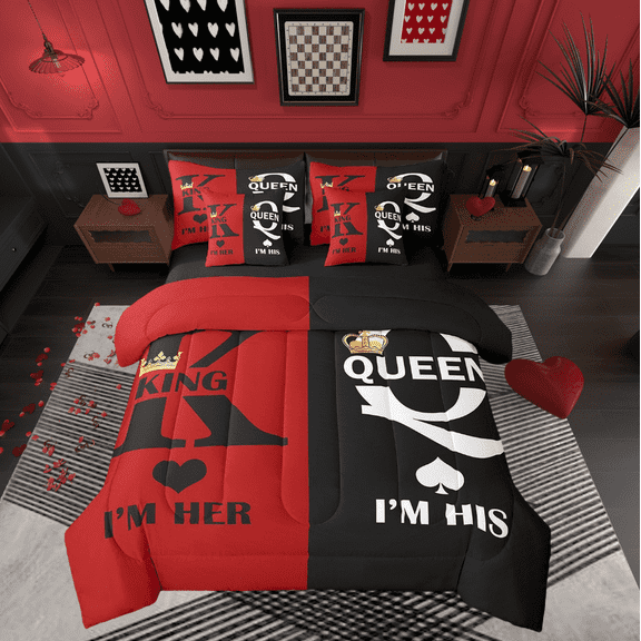 Romantic Her His 7 Piece Comforter Set King,King And Queen Crown Bedding Set Valentine'S Day Couple Bed In A Bag Gifts For Men Women,Mr Mrs Sheet Set With Comforter Red Black White