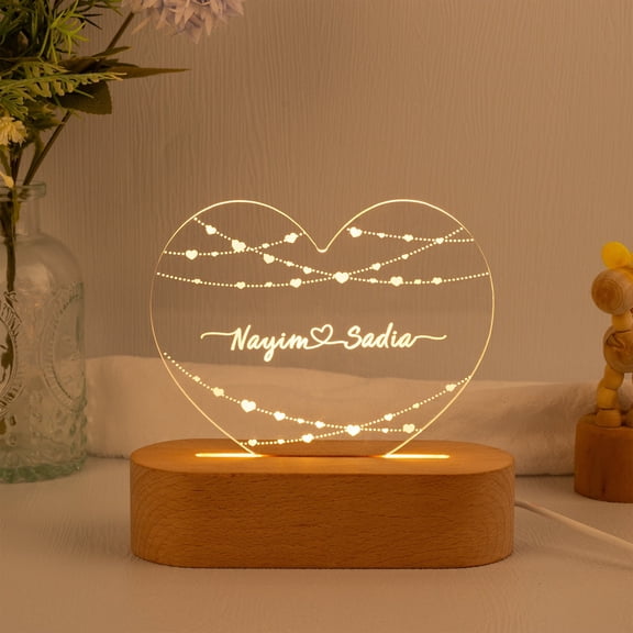 Romantic Anniversary Names And Date Custom Night Light Acrylic Plaque Wooden Base Wedding Engagement Gift Bedside Lamp