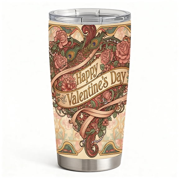 Romantic Art Deco Flower Heart Printed Insulated Tumbler with Lid, Double-Wall Hot Cold Travel Mug, Valentine’s Day Gift