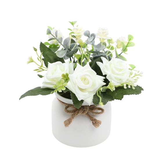 Romantic Artificial Rose Bush In Pot, Small Faux Potted Flower Arrangement For Home Office Desk And Shelf Decor, 7 Inch