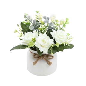 Romantic Artificial Rose Bush In Pot, Small Faux Potted Flower Arrangement For Home Office Desk And Shelf Decor, 7 Inch