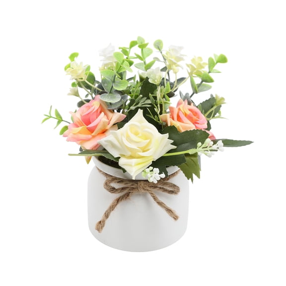 Romantic Artificial Rose Bush In Pot, Small Faux Potted Flower Arrangement For Home Office Desk And Shelf Decor, 7 Inch