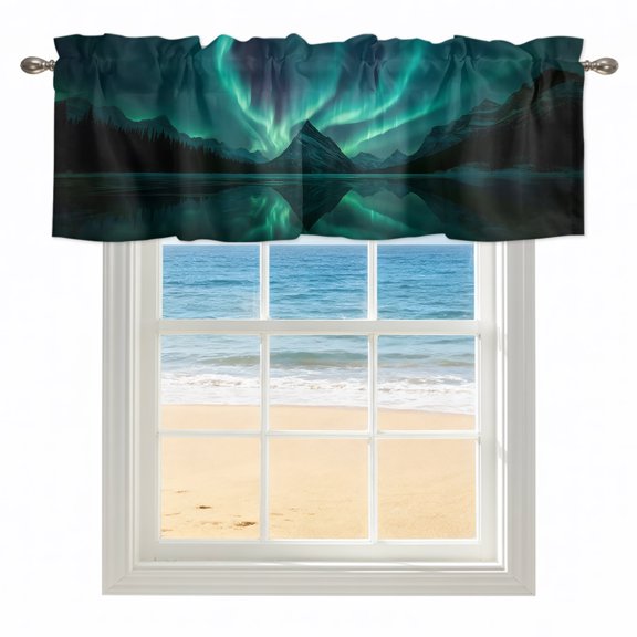 Romantic Auroras Valances for Windows, Rod Pocket Kitchen Valance Curtains - Soft & Washable Small Window Treatment for Living Room, Bathroom, Peaceful Water Nature Mountain 42x12inch, 1 Panel