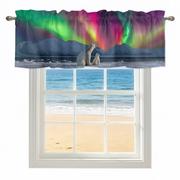 Romantic Auroras Valances for Windows, Rod Pocket Kitchen Valance Curtains - Soft & Washable Small Window Treatment for Living Room, Bathroom, Polar Bear Arctic Peaks 42x12inch, 1 Panel