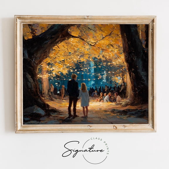 Romantic Autumn Evening, Couple Under Twinkling Lights, Rustic Fall Scene, Wall Art, Cozy Cottagecore Decor 4015 Home Decor, 8x12 UNFRAMED