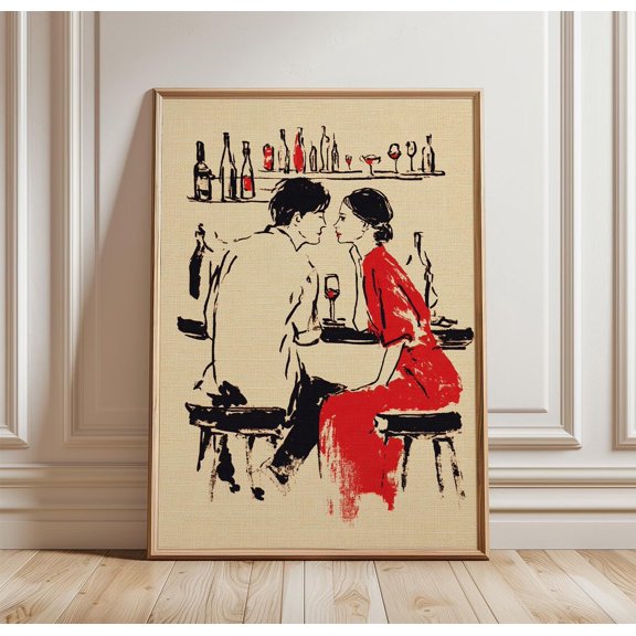 Romantic Bar Couple Minimal Line Wall Art Decor Unframed Paper Print