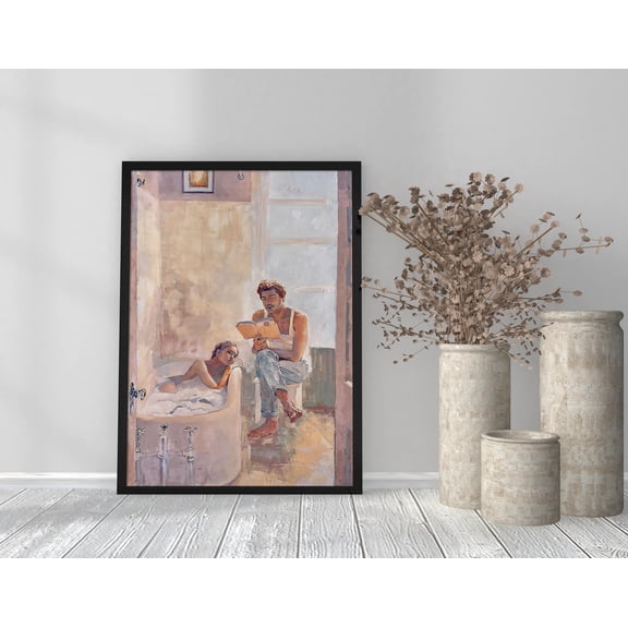 Romantic Bathroom Art Print, Couple Intimate Moment Painting, Reading Together Wall Decor, Cozy Love Illustration For Bedroom And Home Poster , Poster Print Only