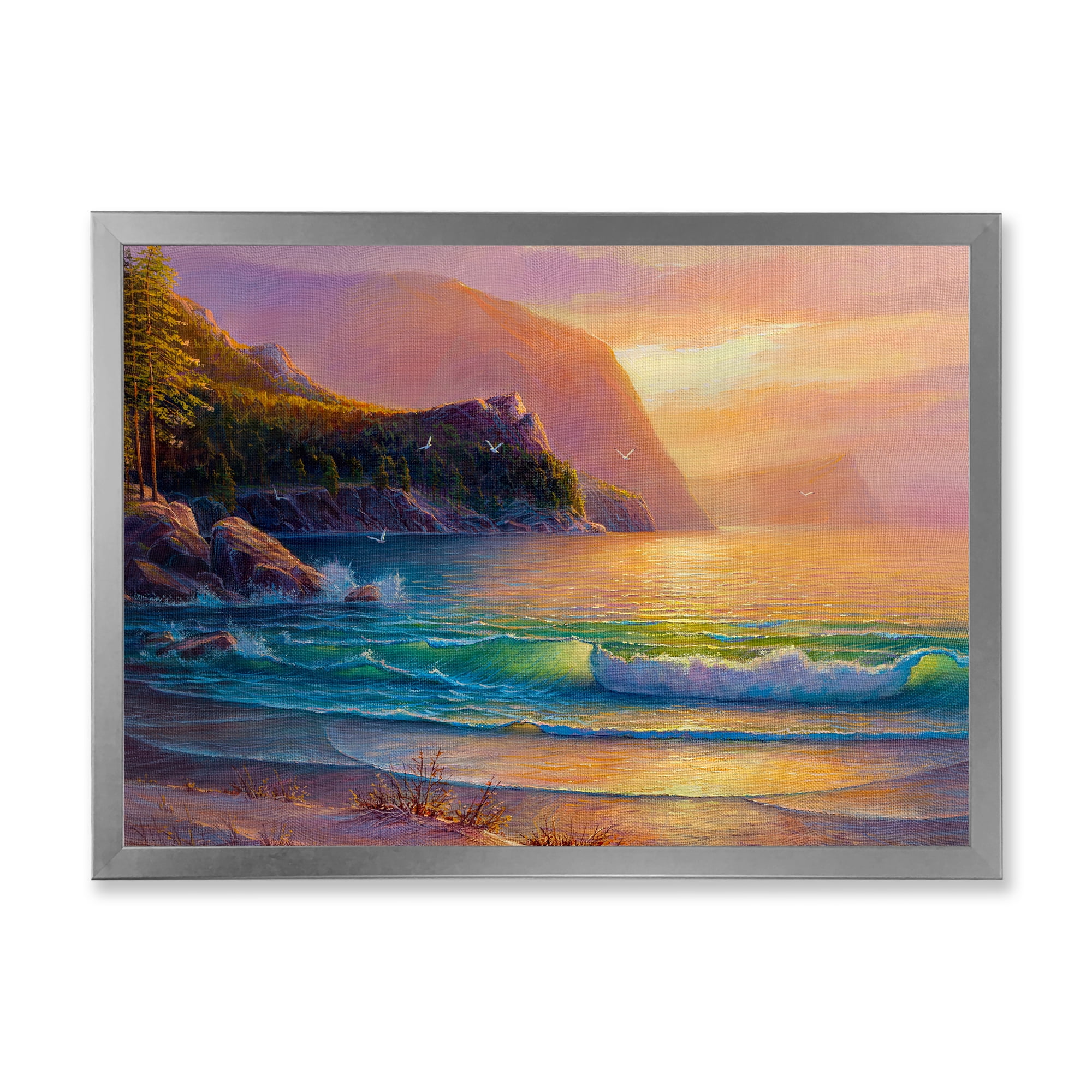 Romantic Beach During Warm Evening 20 in x 12 in Framed Painting Canvas Art Print, by Designart
