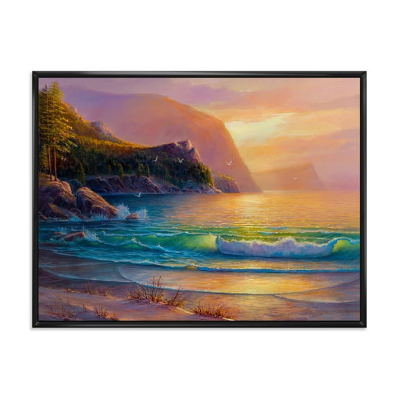 Romantic Beach During Warm Evening 20 in x 12 in Framed Painting Canvas Art Print, by Designart