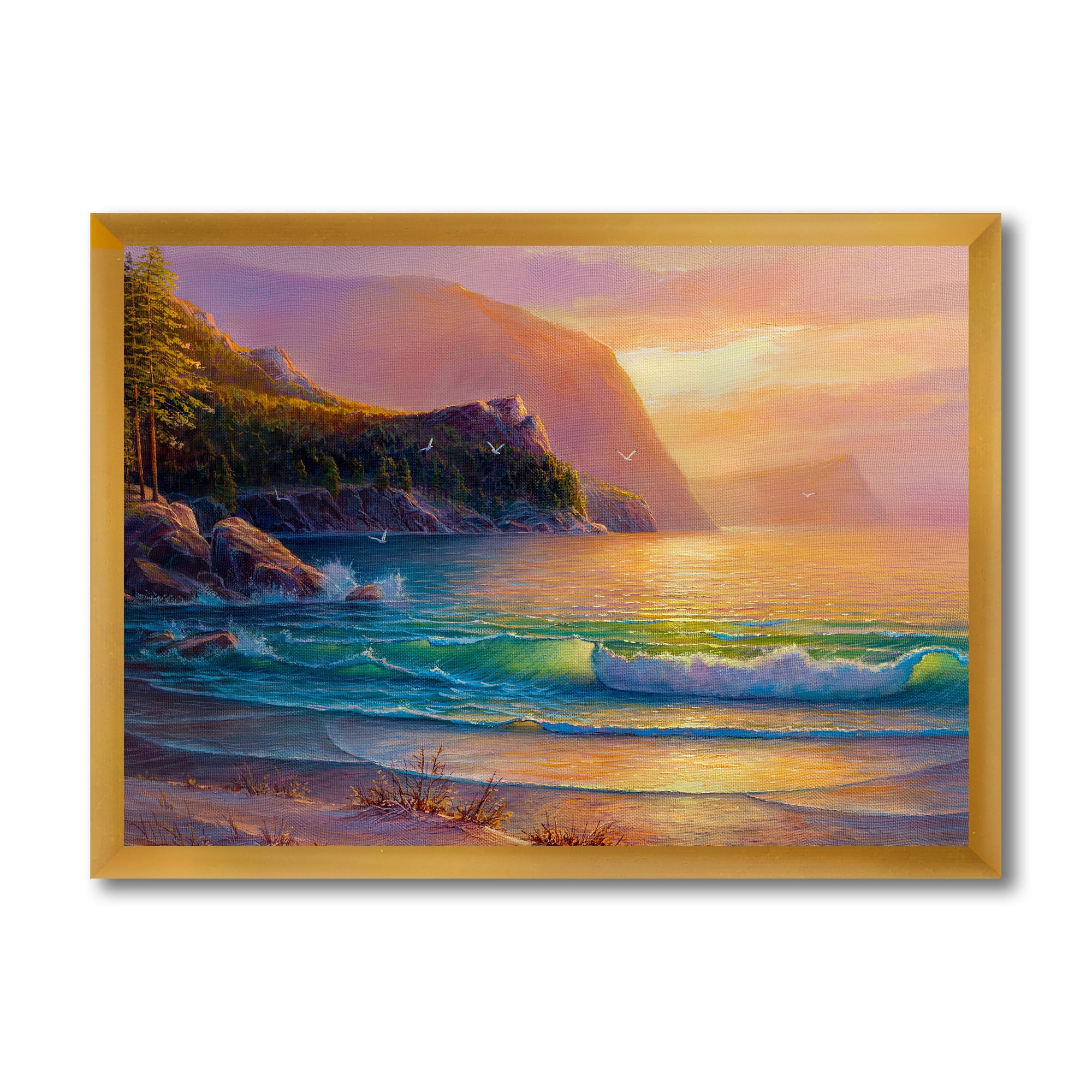 Romantic Beach During Warm Evening 20 in x 12 in Framed Photography Canvas Art Print, by Designart