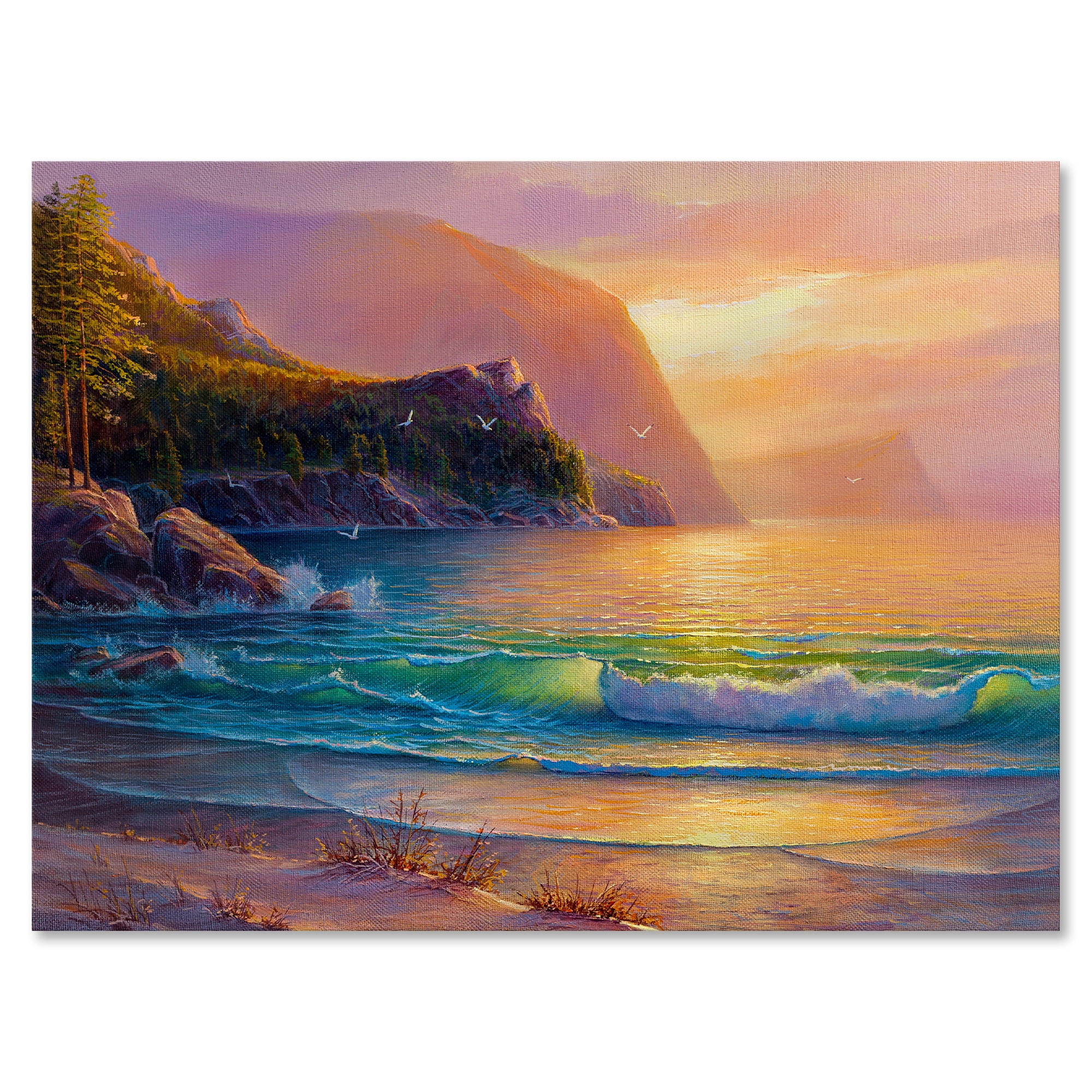 Romantic Beach During Warm Evening 32 in x 24 in Painting Canvas Art Print, by Designart