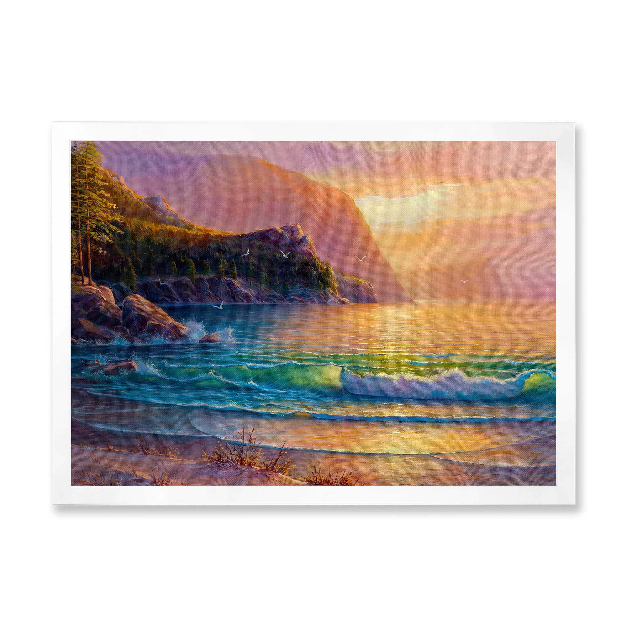 Romantic Beach During Warm Evening 40 in x 30 in Framed Painting Canvas Art Print, by Designart