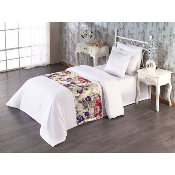 Romantic Bed Runner, English Garden Scene Peony and Rose Pattern on a Creamy Boho Print, Decorative Accent Bedding Scarf for Hotels Homes & Guest Rooms, Twin, Dark Coral and Champagne, by Ambesonne